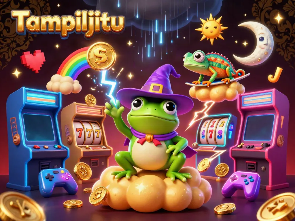 Tampiljitu elevates the gambling excitement with a wizard frog and chameleon amid golden coins and slot elements.