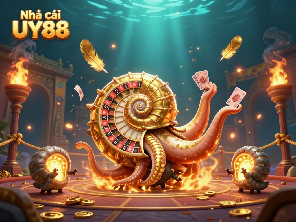 Engage in thrilling gaming at Nhà cái UY88 with a vibrant underwater scene showcasing a giant nautilus roulette wheel.