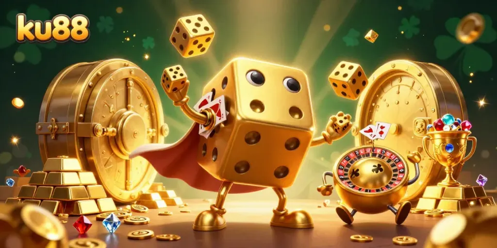 Experience thrilling action with ku88 in this vibrant casino illustration filled with treasures.