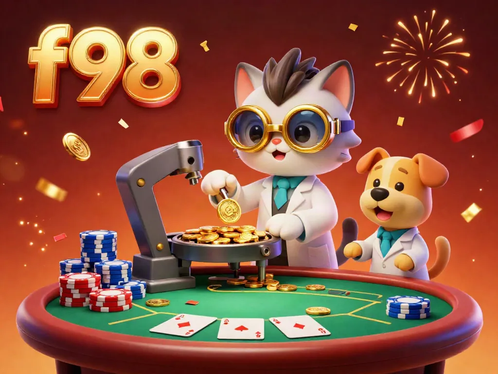 F98 displays a vibrant 3D illustration of a mad scientist cat and dog surrounded by poker elements, showcasing engagement in casino action.