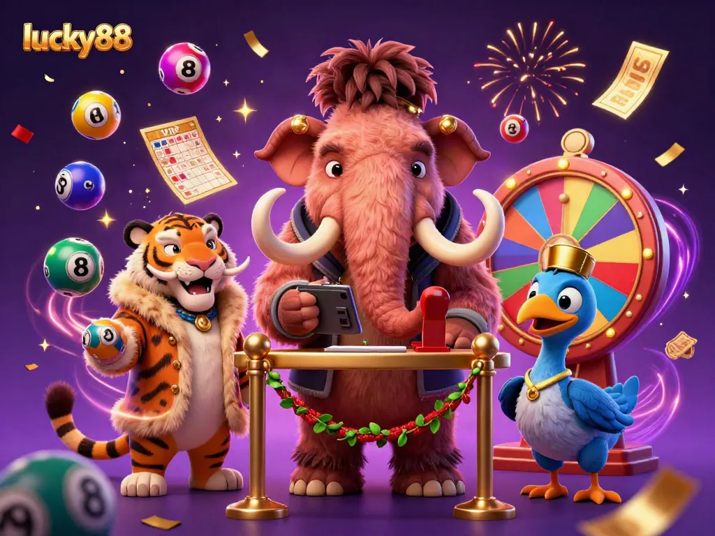 Experience high-stakes excitement at lucky88 with cartoon characters celebrating amidst colorful casino elements.