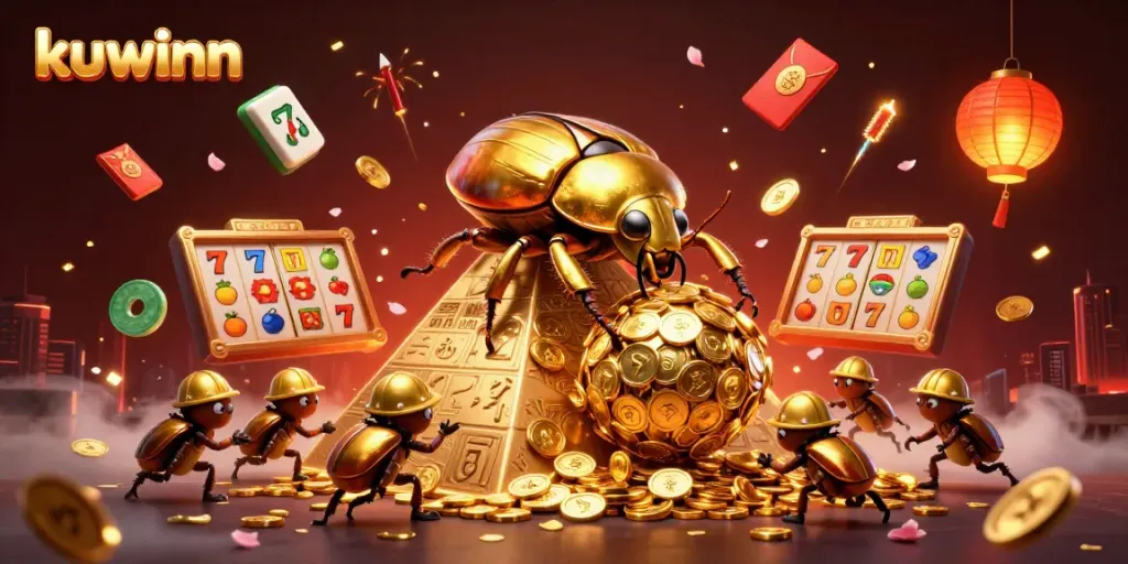 Kuwinn players enjoy a vibrant, dynamic 3D casino illustration featuring golden beetles and slot symbols.