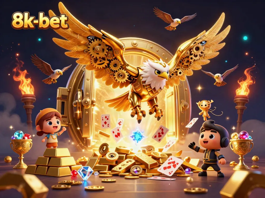 Experience thrilling gameplay at 8k-bet with a vibrant 3D illustration of casino treasures and flying cards.