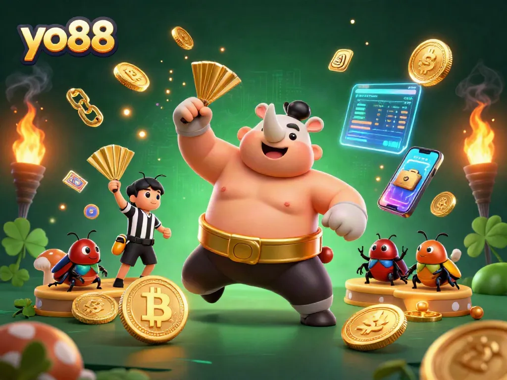 yo88 engages players with a vibrant casino scene, showcasing thrilling wins with animated coins.