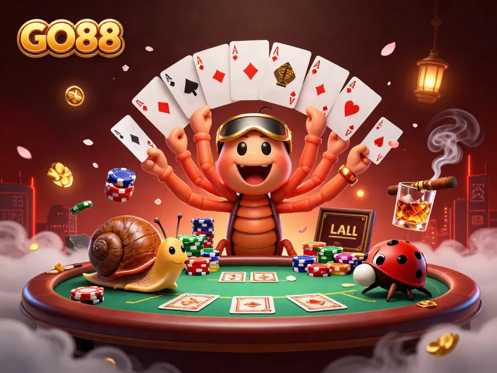 GO88 showcases an energetic poker scene with vibrant characters and rich casino elements.