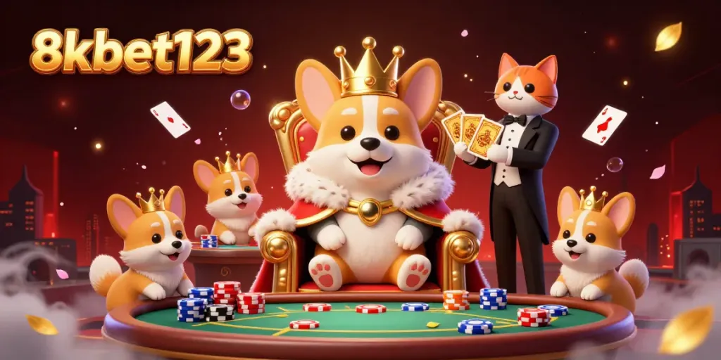 Experience the lavish allure of 8xbet123 with a royal corgi behind poker chips and floating cards.
