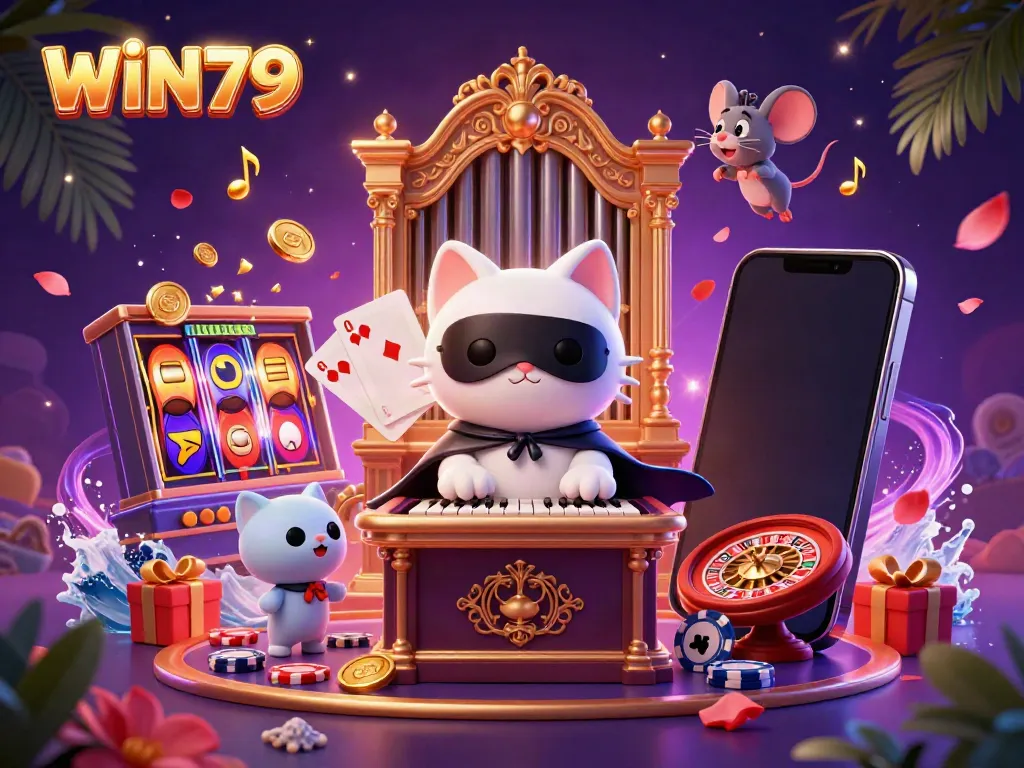 Experience the excitement of WIN79 with a whimsical casino illustration featuring a phantom cat and fun games.