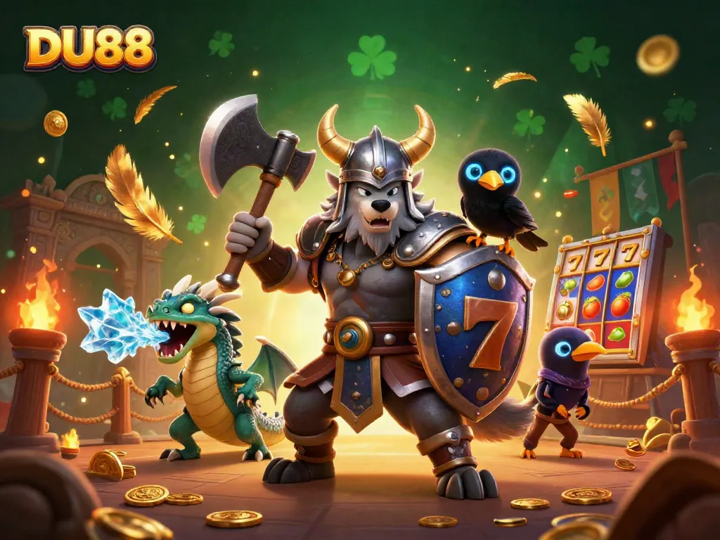 Join the excitement of DU88 in this vibrant casino scene with gold coins and slot reels.