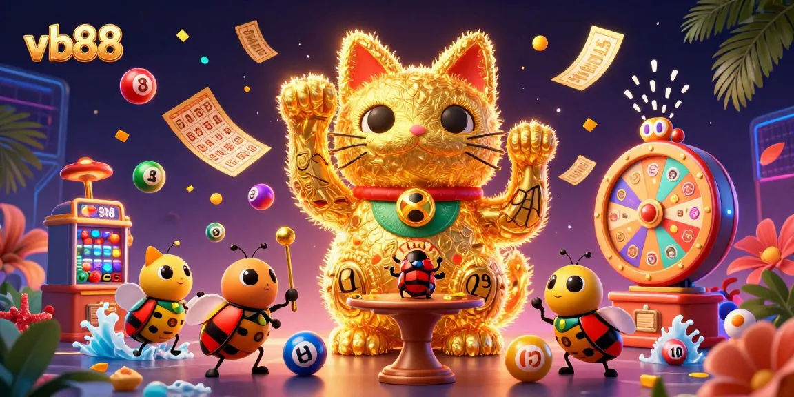 Win big with vb88 in this vibrant 3D casino-themed illustration showcasing a lucky cat and dynamic gaming elements.