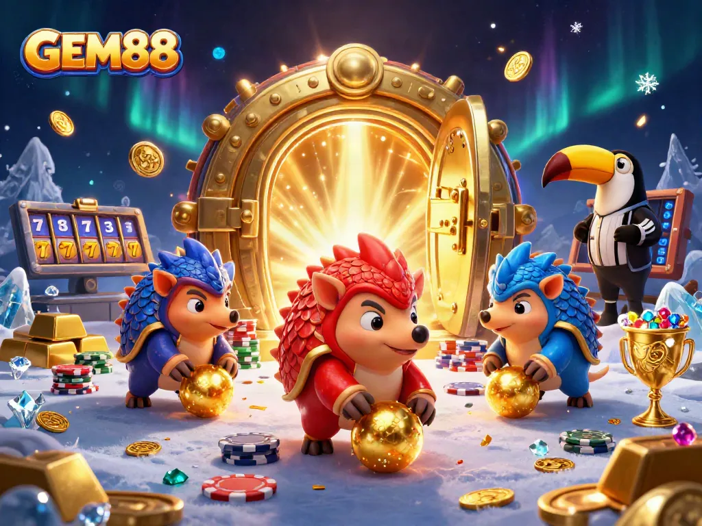 Engage with GEM88 by bowling pangolins through poker chips in a vibrant casino scene.