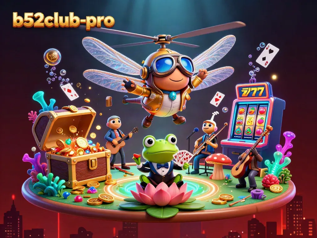 Engage in vibrant gaming action with b52club-pro's dragonfly pilot at a lively casino scene.
