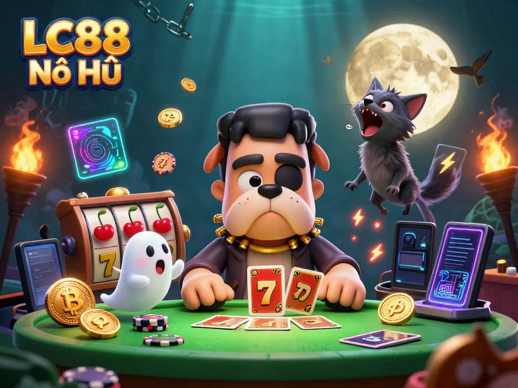 Engage with LC88 Nổ Hũ, where a spooky Frankenstein bulldog dealer entertains at a jackpot slot table, enhanced with vibrant casino elements.