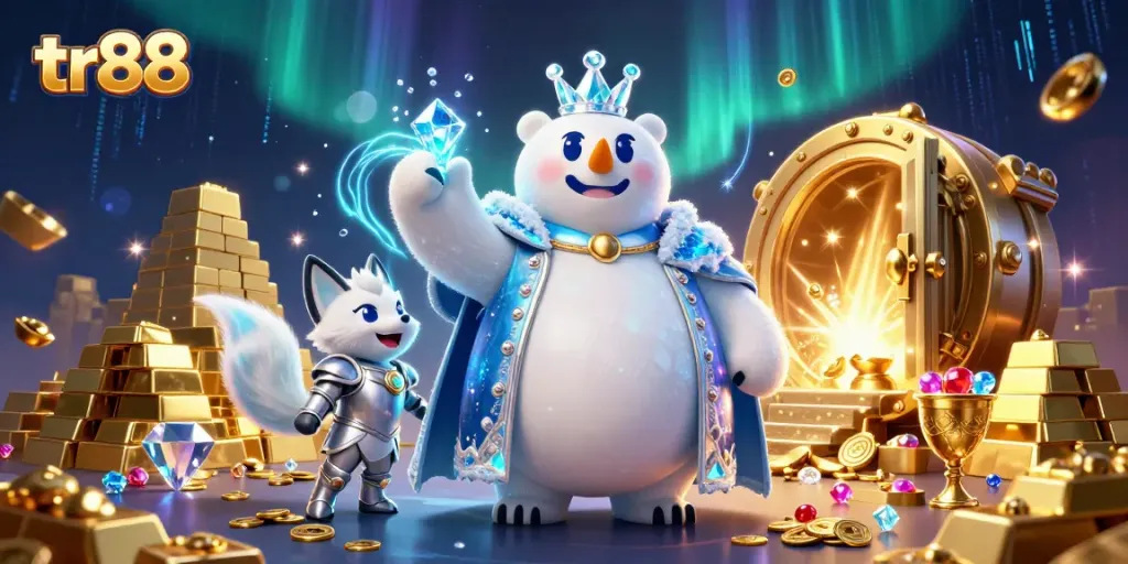 Engage with tr88's vibrant casino world, highlighted by treasures and animated characters.
