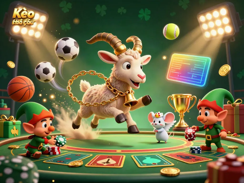 Kèo nhà cái 5 features a cartoon Krampus goat running a festive casino with sports balls and vibrant elements.