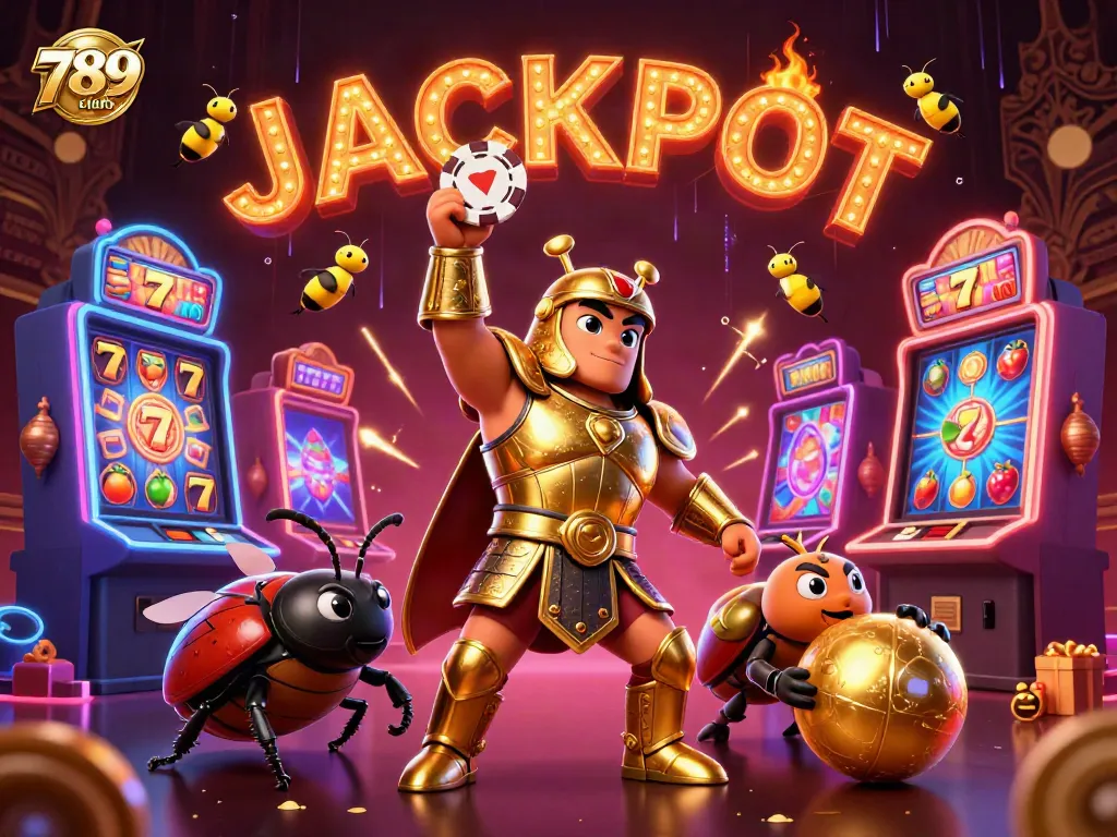 Engage with the excitement at 789club, celebrating wins with vibrant slot machines and animated characters.