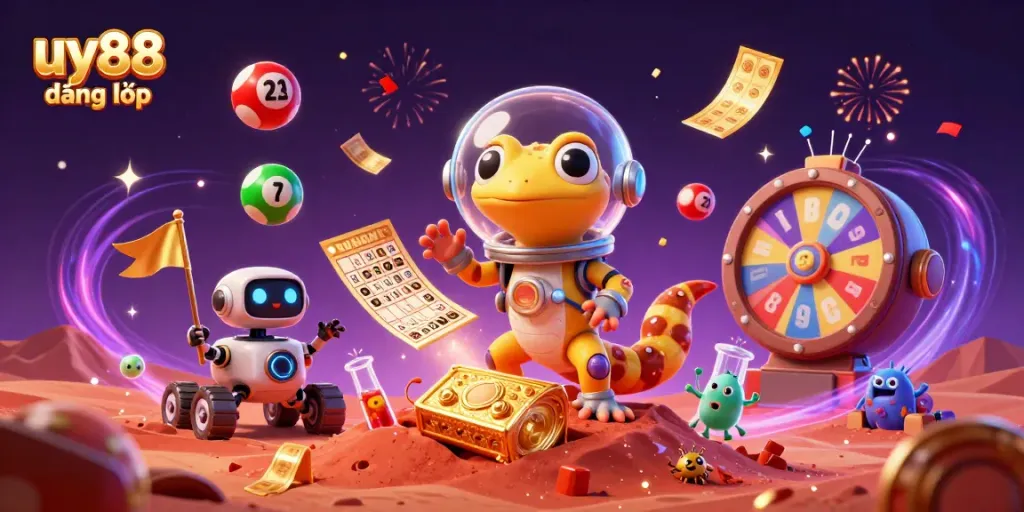 Experience uy88 đăng nhập with a playful Martian gecko finding treasures in an exciting casino scene.
