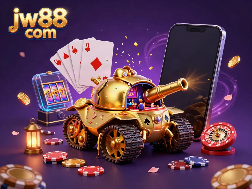 Experience the excitement of jw88 com with a vibrant casino scene featuring a golden beetle tank and mini games.