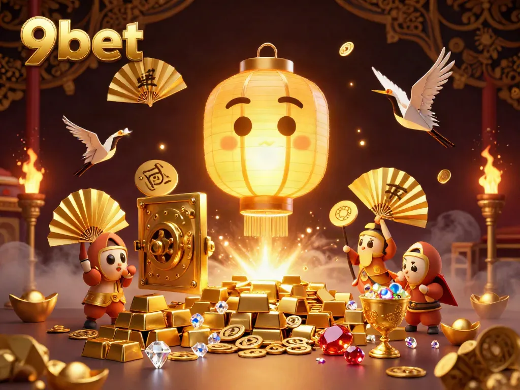 Experience the excitement of 9bet at a vibrant night market casino, illuminated by rich golden elements and lucky symbols.